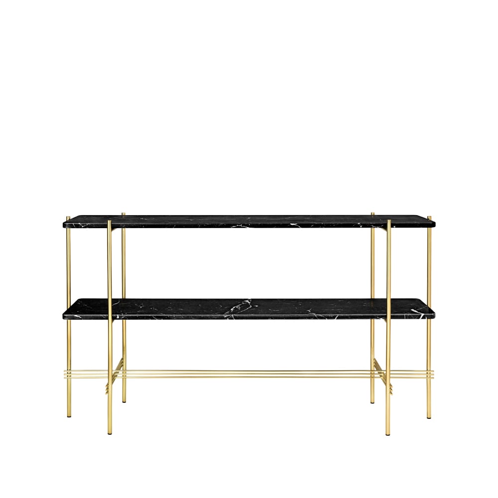 Gubi TS Console 2 -konsolipöytä Black marquina marble messinkirunko 2 marmorihyllyä