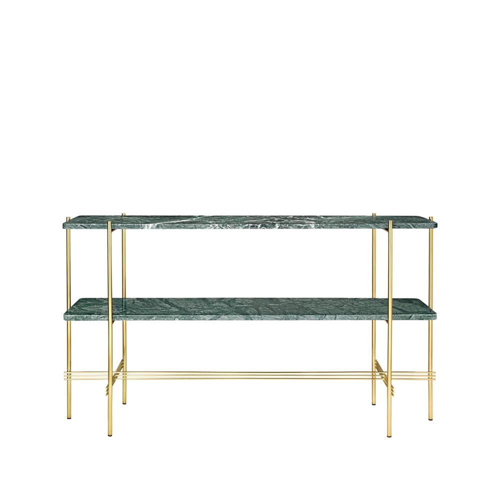 Gubi TS Console 2 -konsolipöytä Green guatemala marble messinkirunko 2 marmorihyllyä