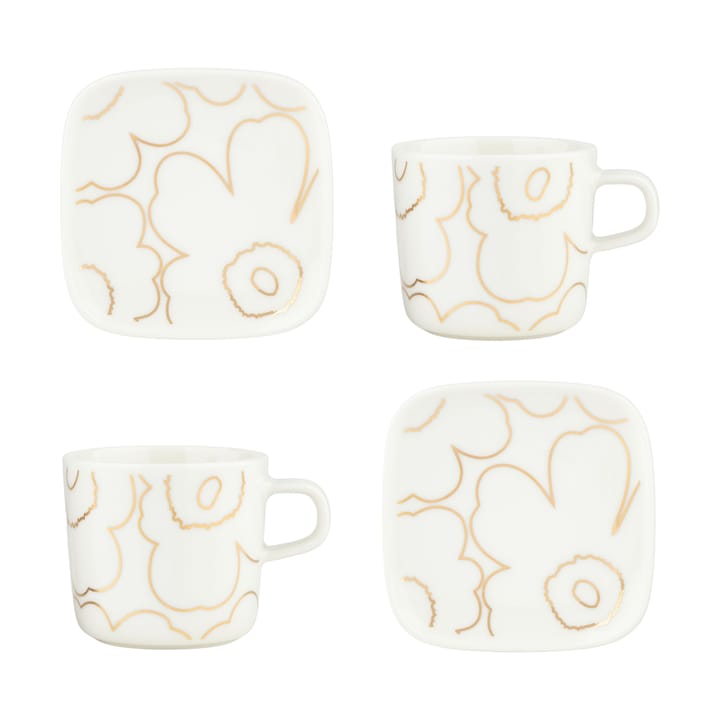 Piirto Unikko kuppi ja lautanen setti 20 cl 4 osaa, White-gold Marimekko