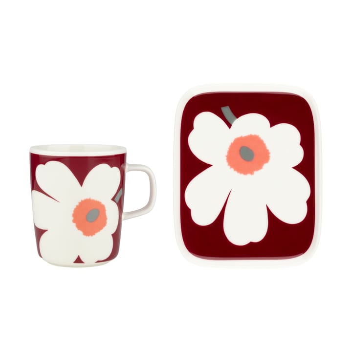 Unikko 60-vuotisjuhlamuki 25 cl + lautanen 12x15 cm, White-dark cherry-ash grey Marimekko