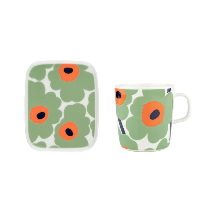 Unikko muki 40 cl + lautanen 12x15 cm - White-sage-orange-dark blue - Marimekko