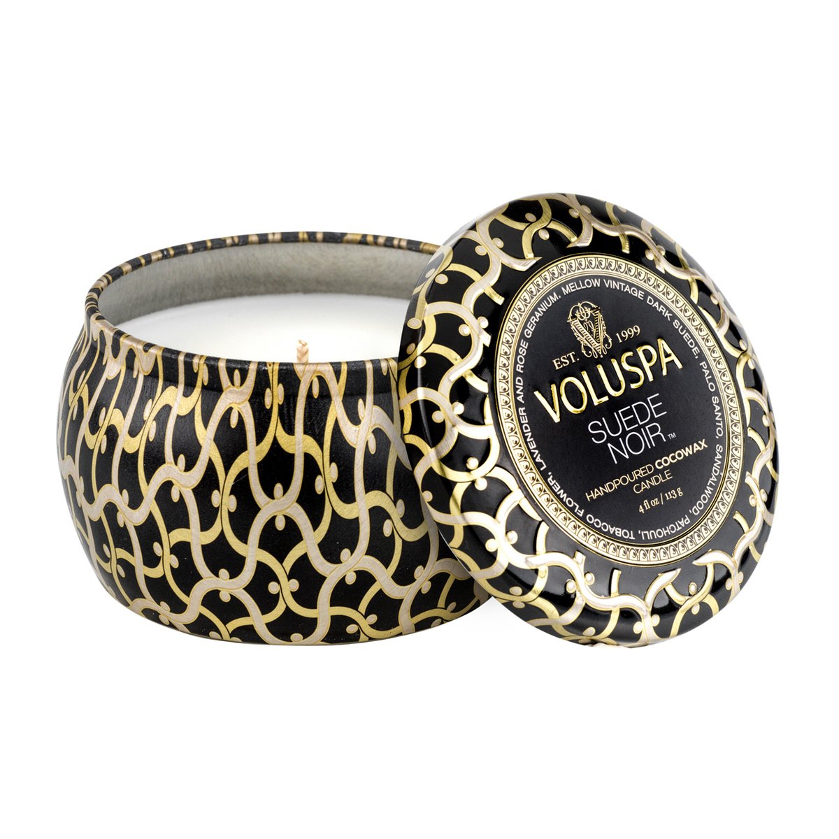 Voluspa Maison Noir Mini Tin tuoksukynttilä 25 tuntia Suede Noir