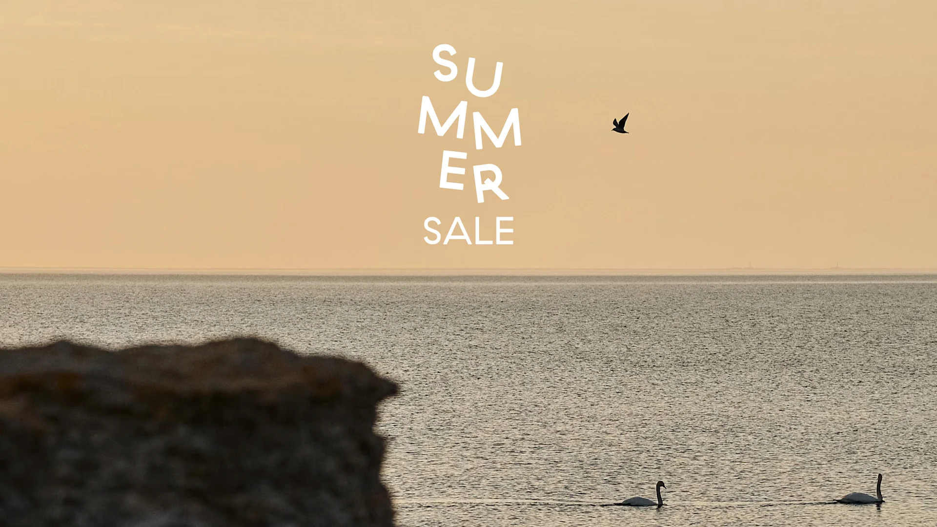 Teksti 'Summer Sale' rauhallisessa merimaisemassa, jossa kaksi joutsenta ui ja lintu lentää lämpimällä taivaalla.
