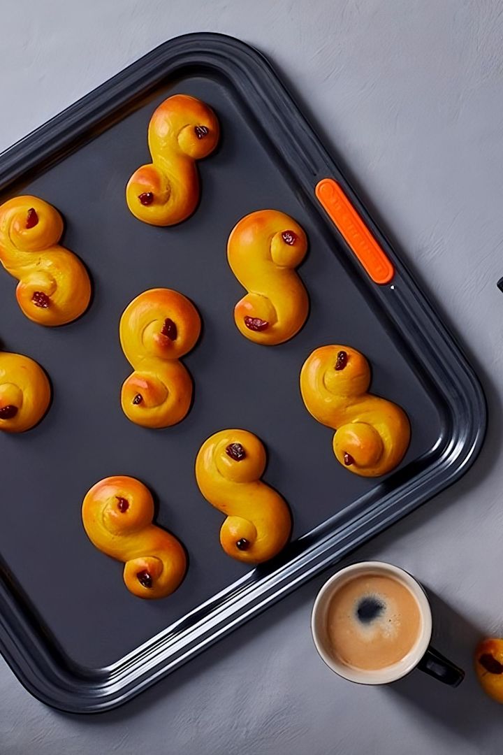 Lussekatter on ruotsalainen erikoisleivonnainen, jota syödään pääasiassa jouluna. Tässä näet herkullisen kullanruskeaksi paistettuja lussekattereita Le Creuset -vuoassa.