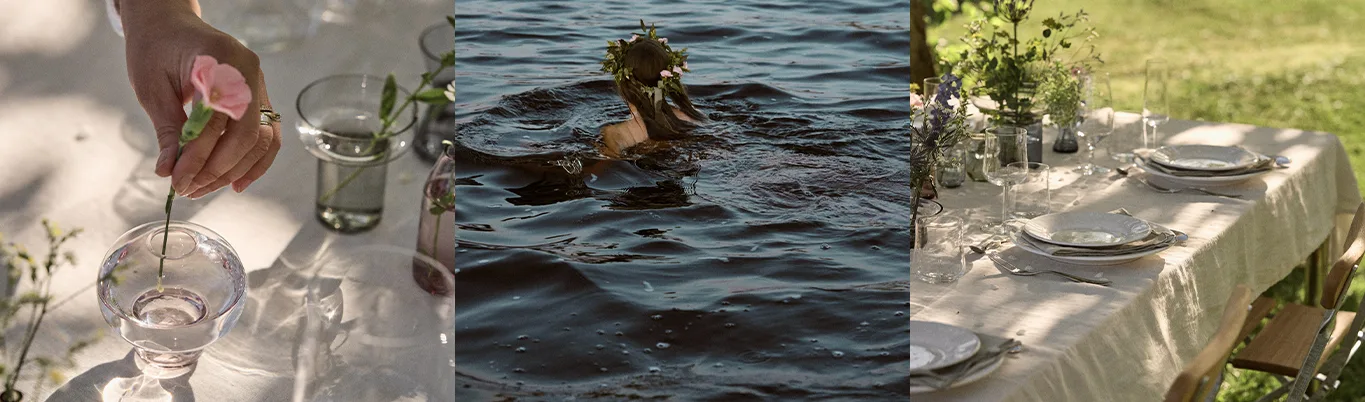Triptyykki: käsi laittamassa vaaleanpunaista kukkaa maljakkoon, henkilö kukkakruunu päässään vedessä, ja katettu ulkopöytä kukkineen.